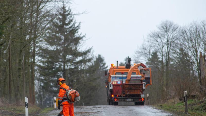 Ein Arbeiter beseitigt mit einem Gebläse Rinde und Äste von einer Straße. Foto: Klaus-Dietmar Gabbert/dpa-Zentralbild/dpa Ein Arbeiter beseitigt mit einem Gebläse Rinde und Äste von einer Straße. Foto: Klaus-Dietmar Gabbert/dpa-Zentralbild/dpa