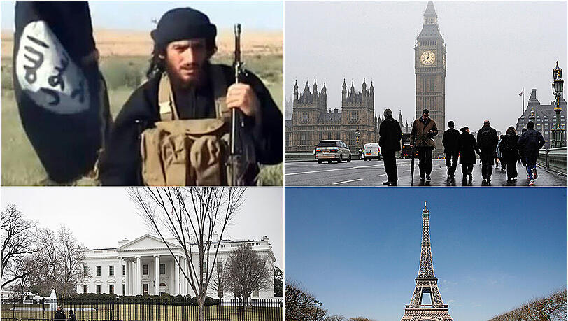 IS-Sprecher Abu Mohammed al-Adnani droht mit einer Expansion auf die arabische Halbinsel, bis nach Pakistan und auch in den Westen, "nachdem wir Euer Leben schwarz und dunkel gemacht haben und wir das Weiße Haus, Big Ben und den Eiffelturm in die Luft gesprengt haben". IS-Sprecher Abu Mohammed al-Adnani droht mit einer Expansion auf die arabische Halbinsel, bis nach Pakistan und auch in den Westen, "nachdem wir Euer Leben schwarz und dunkel gemacht haben und wir das Weiße Haus, Big Ben und den Eiffelturm in die Luft gesprengt haben".