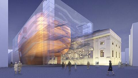 Der Entwurf von Stefan Braunfels für einen Konzertsaal hinter dem Marstall. Der hölzerne Saal hinter Glas orientiert sich an Jean Nouvels viel gerühmten Bau in Luzern. Der Entwurf von Stefan Braunfels für einen Konzertsaal hinter dem Marstall. Der hölzerne Saal hinter Glas orientiert sich an Jean Nouvels viel gerühmten Bau in Luzern.