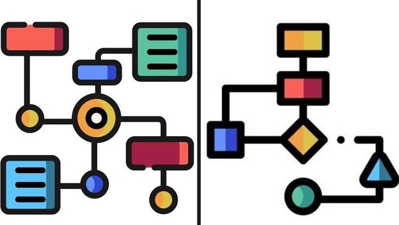 Die ursprüngliche Version (li.) erinnert an das Hakenkreuz. Rechts das veränderte, aktuelle Symbol für "Organisationsstruktur". Die ursprüngliche Version (li.) erinnert an das Hakenkreuz. Rechts das veränderte, aktuelle Symbol für "Organisationsstruktur".