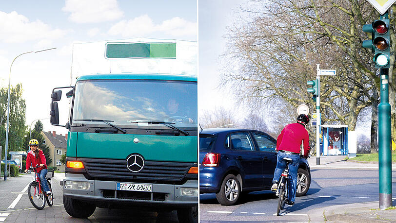 Gefährliche Situation: Wenn Autos oder Lastwagen rechts abbiegen, werden Radler zu häufig übersehen. Gefährliche Situation: Wenn Autos oder Lastwagen rechts abbiegen, werden Radler zu häufig übersehen.