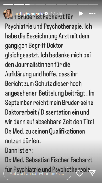 In einer Instagram-Story klärte Cathy Hummels die Verwirrung um den falschen Doktortitel ihres Bruders auf. In einer Instagram-Story klärte Cathy Hummels die Verwirrung um den falschen Doktortitel ihres Bruders auf.