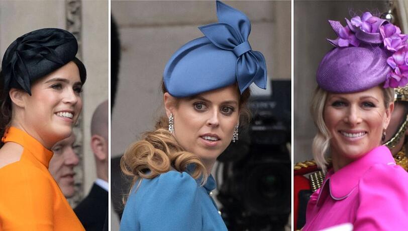 Prinzessin Eugenie, Prinzessin Beatrice und Zara Tindall (v.l.) in farbenfrohen Outfits beim Jubiläumsgottesdienst. Prinzessin Eugenie, Prinzessin Beatrice und Zara Tindall (v.l.) in farbenfrohen Outfits beim Jubiläumsgottesdienst.
