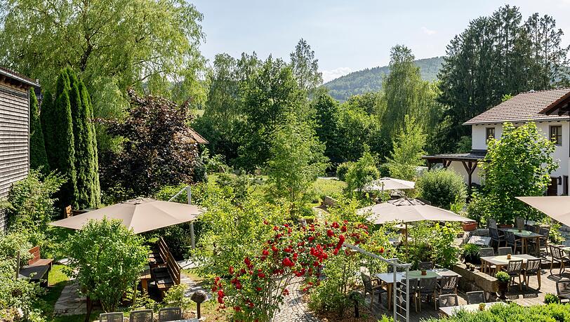 Schlemmen zwischen Hochbeeten und üppiger Vegetation. Schlemmen zwischen Hochbeeten und üppiger Vegetation.