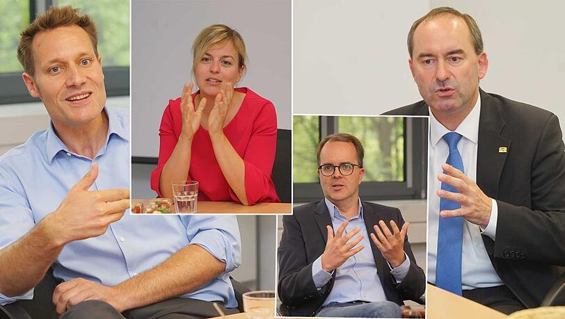 Diskutierten in der AZ: Ludwig Hartmann, Fraktionsvorsitzender der Grünen und Katharina Schulze, ebenfalls Fraktionsvorsitzende der Grünen, Markus Rinderspacher, Fraktionsvorsitzender der SPD im Landtag und der Freie-Wähler-Chef und -Fraktionsvorsitzender Hubert Aiwanger.