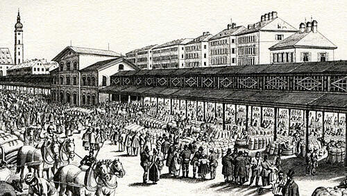 So sah die Schrannenhalle einmal aus: Ein riesiger Koloss, den Karl Muffat 1851 bis 1853 als Markthalle für Getreide am Rand des Viktualienmarktes errichtet hat. So sah die Schrannenhalle einmal aus: Ein riesiger Koloss, den Karl Muffat 1851 bis 1853 als Markthalle für Getreide am Rand des Viktualienmarktes errichtet hat.