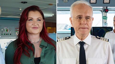 "Das Traumschiff: Auckland": Reiseinfluencerin Nina Ahrens (Sophia Thiel) begeistert Kreuzfahrtdirektor Oskar Schifferle (Harald Schmidt). "Das Traumschiff: Auckland": Reiseinfluencerin Nina Ahrens (Sophia Thiel) begeistert Kreuzfahrtdirektor Oskar Schifferle (Harald Schmidt).