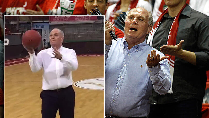 Im Audi Dome präsentierte Uli Hoeneß seine basketballerischen Fähigkeiten. Im Audi Dome präsentierte Uli Hoeneß seine basketballerischen Fähigkeiten.