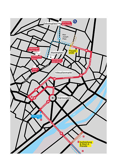 Einmal durch die Innenstadt: So führt die CSD-Parade am Samstag durch München. Einmal durch die Innenstadt: So führt die CSD-Parade am Samstag durch München.