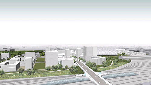Die Zukunft des Hirschgartens: Vorne rechts die Friedenheimer Brücke, darunter der neue S-Bahnhof, dahinter das neue Stadtquartier aus Wohnhäusern und Gewerbe. Die Zukunft des Hirschgartens: Vorne rechts die Friedenheimer Brücke, darunter der neue S-Bahnhof, dahinter das neue Stadtquartier aus Wohnhäusern und Gewerbe.