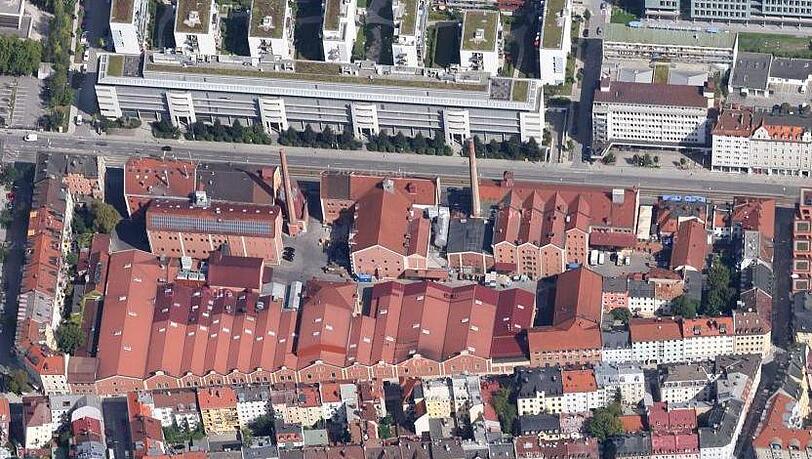 Die Augustiner Brauerei an der Landsberger Straße. Ganz links im Bild die Schrenkstraße, ganz rechts die Holzapfelstraße. Die Augustiner Brauerei an der Landsberger Straße. Ganz links im Bild die Schrenkstraße, ganz rechts die Holzapfelstraße.