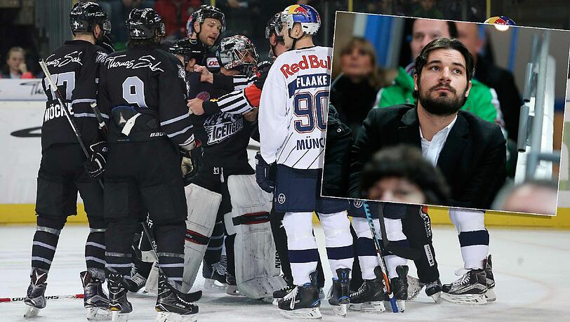 Nürnbergs Goalie Reimer (M.) legt sich mit EHC-Raubein Steve Pinizotto an. Nürnbergs Goalie Reimer (M.) legt sich mit EHC-Raubein Steve Pinizotto an.