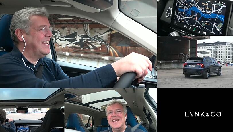 Lynk & Co-Chef Alain Visser bei seiner aus vielen Blickwinkeln gezeigten Live-Testfahrt.