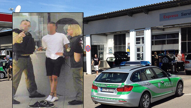 Nach der Festnahme: Der Amokfahrer von Ansbach steht auf dem Gelände der Tankstelle. Nach der Festnahme: Der Amokfahrer von Ansbach steht auf dem Gelände der Tankstelle.