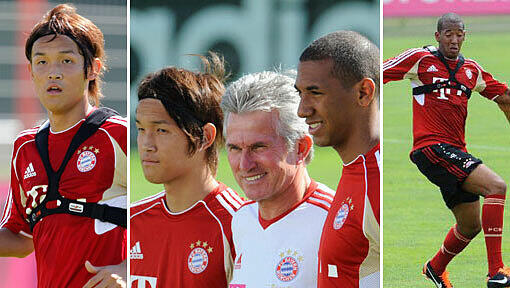 Trainer Jupp Heynckes und die Neuzugänge Takashi Usami (l.)und Jerome Boateng (r.). Trainer Jupp Heynckes und die Neuzugänge Takashi Usami (l.)und Jerome Boateng (r.).