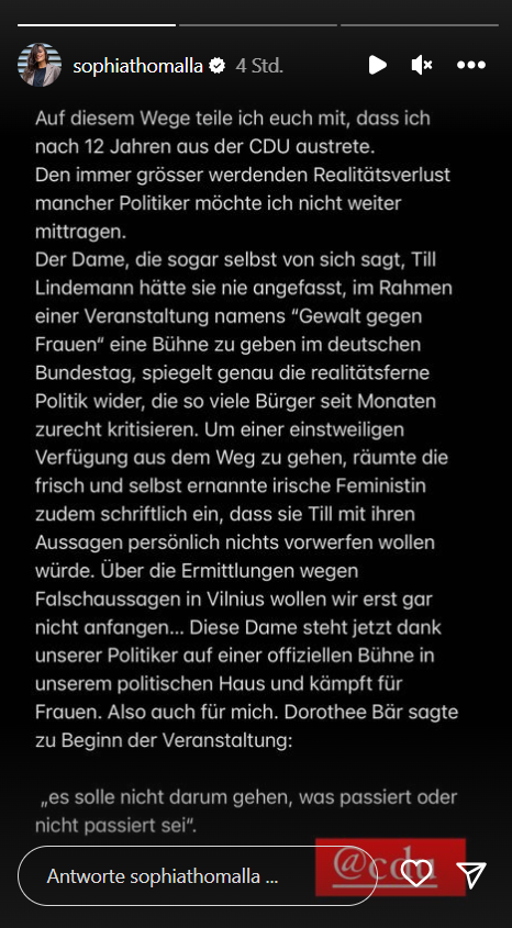 Sophia Thomalla erklärt ihren CDU-Ausstieg auf Instagram Sophia Thomalla erklärt ihren CDU-Ausstieg auf Instagram