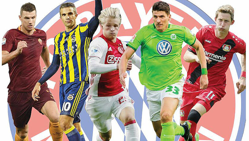 Bayerns Sturm-Kandidaten: Edin Dzeko, Robin van Persie, Kasper Dolberg, Mario Gomez und Stefan Kießling (v.l.). Bayerns Sturm-Kandidaten: Edin Dzeko, Robin van Persie, Kasper Dolberg, Mario Gomez und Stefan Kießling (v.l.).