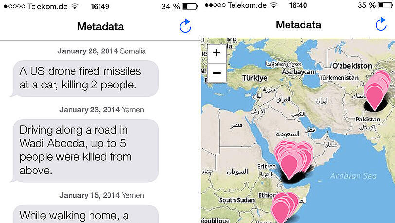 Die App "Metadata+" fürs iPhone: Sie zeigt an, wo Menschen bei US-Drohnenangriffen ums Leben kamen. Die App "Metadata+" fürs iPhone: Sie zeigt an, wo Menschen bei US-Drohnenangriffen ums Leben kamen.