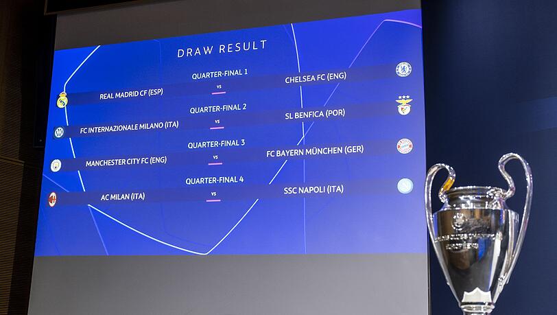 Während der Spiel-Auslosung der Champions League werden die Spielpaarungen angezeigt. Während der Spiel-Auslosung der Champions League werden die Spielpaarungen angezeigt.
