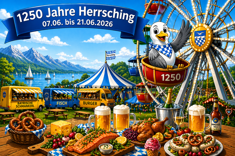 Auf dieser Illustration zum Fest ist auf dem Riesenrad auch das Wappen von Herrsching zu sehen. Es besteht laut Haus der Bayerischen Geschichte aus einer Möwe und einer Welle im oberen Bereich, im unteren Teil sind die bayerischen Rauten zu sehen als Erinnerung an die Wittelsbacher Herzöge. Auf dieser Illustration zum Fest ist auf dem Riesenrad auch das Wappen von Herrsching zu sehen. Es besteht laut Haus der Bayerischen Geschichte aus einer Möwe und einer Welle im oberen Bereich, im unteren Teil sind die bayerischen Rauten zu sehen als Erinnerung an die Wittelsbacher Herzöge.