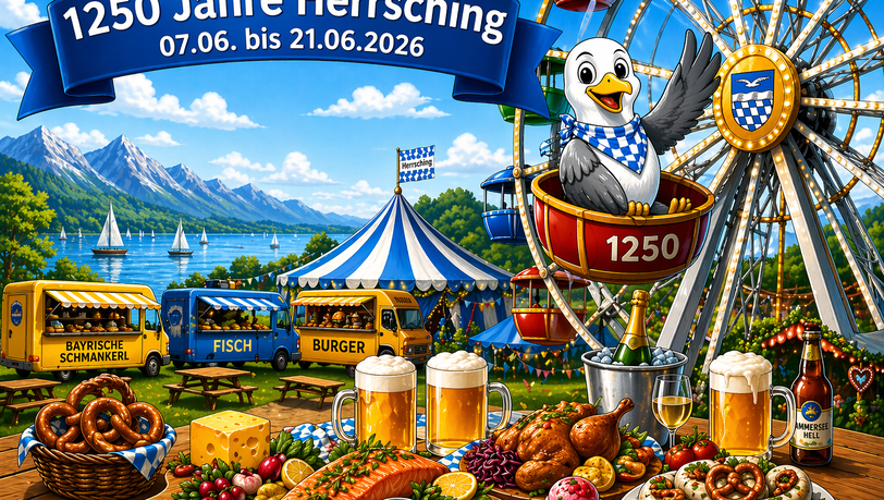 Auf dieser Illustration zum Fest ist auf dem Riesenrad auch das Wappen von Herrsching zu sehen. Es besteht laut Haus der Bayerischen Geschichte aus einer Möwe und einer Welle im oberen Bereich, im unteren Teil sind die bayerischen Rauten zu sehen als Erinnerung an die Wittelsbacher Herzöge. Auf dieser Illustration zum Fest ist auf dem Riesenrad auch das Wappen von Herrsching zu sehen. Es besteht laut Haus der Bayerischen Geschichte aus einer Möwe und einer Welle im oberen Bereich, im unteren Teil sind die bayerischen Rauten zu sehen als Erinnerung an die Wittelsbacher Herzöge.