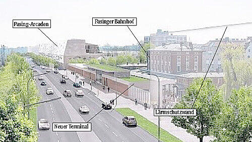 Eine vierspurige Straße, Bäume, eine Lärmschutzwand und ein neues Terminalgebäude. So wird die Nordumgehung die Rückseite des Pasinger Bahnhofs verändern. Eine vierspurige Straße, Bäume, eine Lärmschutzwand und ein neues Terminalgebäude. So wird die Nordumgehung die Rückseite des Pasinger Bahnhofs verändern.
