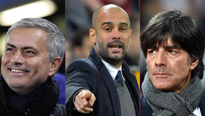 Ist einer von ihnen ab 2016 am Ruder bei den Bayern? der aktuelle Coach Pep Guardiola (m.), Chelsea-Trainer Jose Mourinho (l.) oder Bundestrainer Jogi Löw? Ist einer von ihnen ab 2016 am Ruder bei den Bayern? der aktuelle Coach Pep Guardiola (m.), Chelsea-Trainer Jose Mourinho (l.) oder Bundestrainer Jogi Löw?