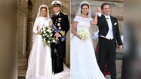 Der Adel setzte für große Anlässe auf Valentino: Máxima (l.) heiratete 2002 ihren Willem-Alexander in Mikado-Seide, Prinzessin Madeleine strahlte 2013 neben ihrem Bräutigam Christopher O'Neill in Chantilly-Spitze. Der Adel setzte für große Anlässe auf Valentino: Máxima (l.) heiratete 2002 ihren Willem-Alexander in Mikado-Seide, Prinzessin Madeleine strahlte 2013 neben ihrem Bräutigam Christopher O'Neill in Chantilly-Spitze.