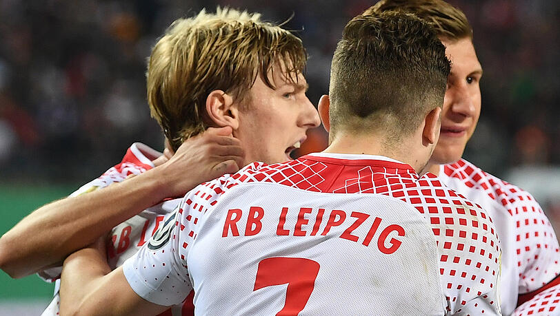 Emil Forsberg jubelt nach seinem Führungstreffer im Pokalspiel gegen Bayern. Am Samstag will er auch nach Spielende noch Grund zum Jubeln haben. Emil Forsberg jubelt nach seinem Führungstreffer im Pokalspiel gegen Bayern. Am Samstag will er auch nach Spielende noch Grund zum Jubeln haben.