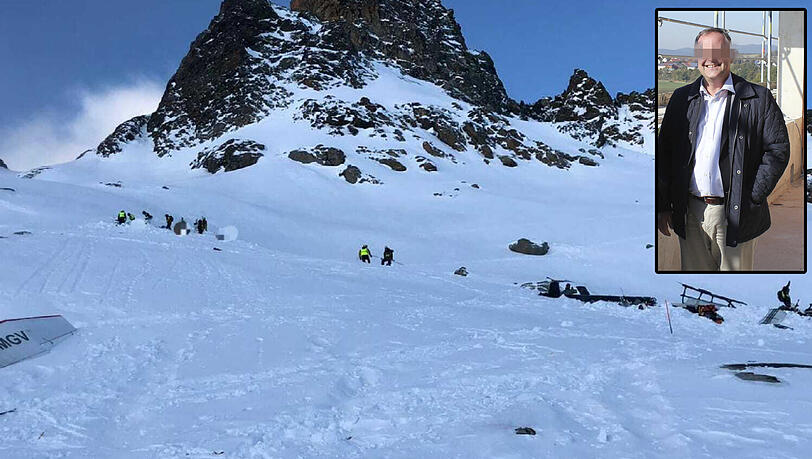 Rettungskräfte arbeiten an der Unglücksstelle. Überall liegen Trümmer im Schnee. Im kleinen Foto: Unternehmer Max S. Rettungskräfte arbeiten an der Unglücksstelle. Überall liegen Trümmer im Schnee. Im kleinen Foto: Unternehmer Max S.