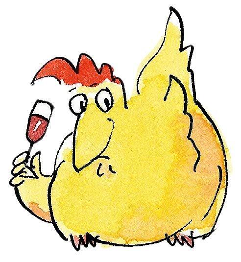 Eine der gelben Cartoon-Henne, die sich einen Wein genehmigt. Eine der gelben Cartoon-Henne, die sich einen Wein genehmigt.