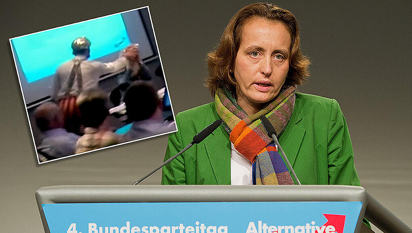 AfD-Politikerin Beatrix von Storch wurde mit einer Torte angegriffen. AfD-Politikerin Beatrix von Storch wurde mit einer Torte angegriffen.
