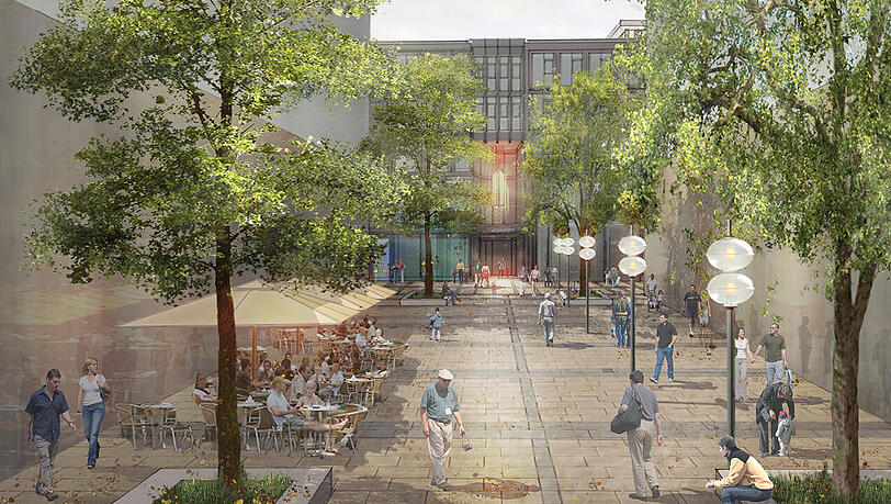 Eine erste Idee für den neuen Sattlerplatz: Die Visualisierung zeigt eine direkte, gerade Achse von der Kaufingertor-Passage zu den Läden der Hofstatt. Eine erste Idee für den neuen Sattlerplatz: Die Visualisierung zeigt eine direkte, gerade Achse von der Kaufingertor-Passage zu den Läden der Hofstatt.