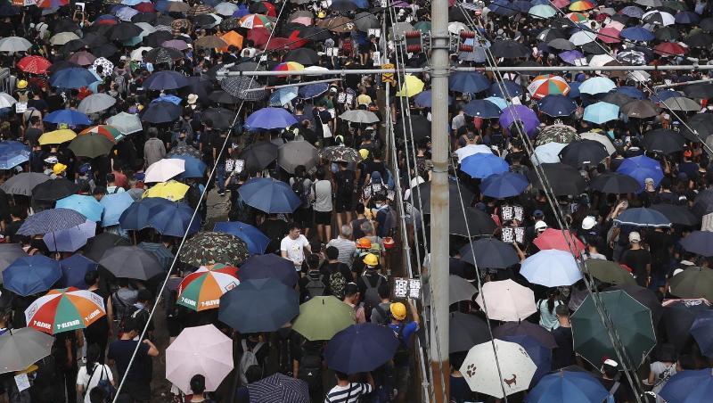 Mit Regenschirmen protestieren Hongkonger gegen die Regierung und einen Angriff von Schlägertrupps eine Woche zuvor. Mit Regenschirmen protestieren Hongkonger gegen die Regierung und einen Angriff von Schlägertrupps eine Woche zuvor.