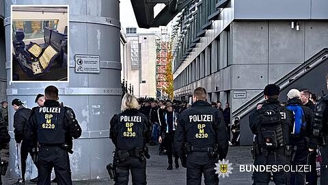 Bundespolizisten nehmen die Fußballfans in Empfang und führen Kontrollen durch. Im kleinen Foto snd die Schäden an den Sitzpolstern zu sehen. Bundespolizisten nehmen die Fußballfans in Empfang und führen Kontrollen durch. Im kleinen Foto snd die Schäden an den Sitzpolstern zu sehen.