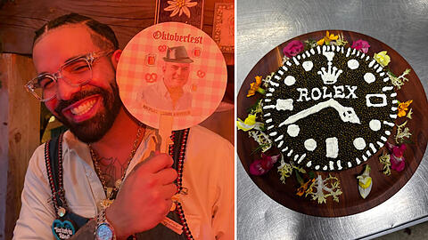 Das Team von Feinkost-König Michael Käfer fertigte auf besonderen Wunsch eine Kaviar-Torte mit "Rolex"-Aufschrift und typischem Zifferblatt an. Diese wurde an den Wiesn-Tisch mit US-Superstar Drake gebracht. Das Team von Feinkost-König Michael Käfer fertigte auf besonderen Wunsch eine Kaviar-Torte mit "Rolex"-Aufschrift und typischem Zifferblatt an. Diese wurde an den Wiesn-Tisch mit US-Superstar Drake gebracht.