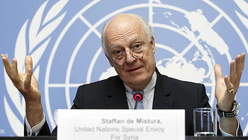UN-Vermittler Staffan de Mistura spricht in Genf. UN-Vermittler Staffan de Mistura spricht in Genf.