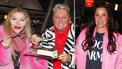 Dschungelkandidat Hubert Fella mit Begleitperson Patrick Mast (li.) sowie Simone Ballack (re.) am Frankfurter Flughafen Dschungelkandidat Hubert Fella mit Begleitperson Patrick Mast (li.) sowie Simone Ballack (re.) am Frankfurter Flughafen