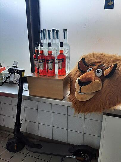 Der diebische Löwe soll einen E-Scooter und alkoholische Getränke geklaut haben. Der diebische Löwe soll einen E-Scooter und alkoholische Getränke geklaut haben.