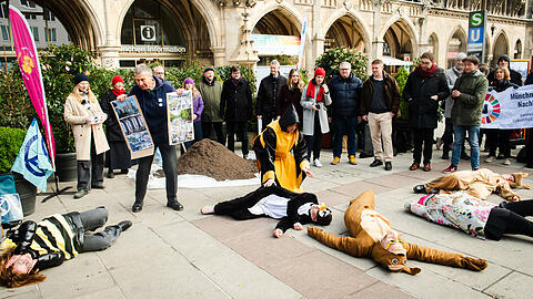 Das Bündnis "Stadt für Alle" inszeniert am Marienplatz ein "Die-In", bevor es seine Forderungen an die verschiedenen Stadtratsfraktionen übergibt. Das Bündnis "Stadt für Alle" inszeniert am Marienplatz ein "Die-In", bevor es seine Forderungen an die verschiedenen Stadtratsfraktionen übergibt.