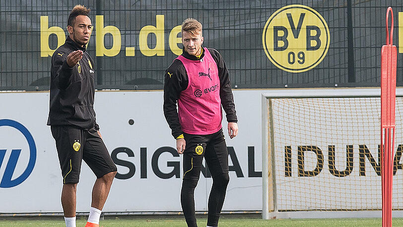 Bald wieder in einem BVB-Pflichtspiel gemeinsam auf dem Rasen? Pierre-Emerick Aubameyang (links) und Marco Reus im Training von Borussia Dortmund. Bald wieder in einem BVB-Pflichtspiel gemeinsam auf dem Rasen? Pierre-Emerick Aubameyang (links) und Marco Reus im Training von Borussia Dortmund.
