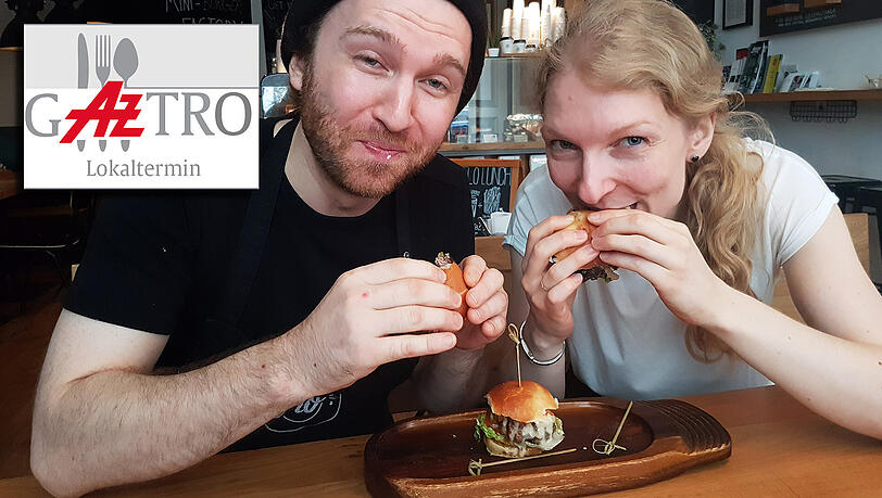 Beim Burgern sieht jeder etwas beknackt aus – auch Flo und Julia. Beim Burgern sieht jeder etwas beknackt aus – auch Flo und Julia.