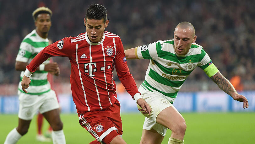 Szene aus dem Hinspiel am 18. Oktober in der Allianz Arena: James Rodríguez muss sich der Attacke von Celtic-Kapitän Scott Brown (rechts) erwehren. Die Münchner gewannen die Partie mit 3:0. Szene aus dem Hinspiel am 18. Oktober in der Allianz Arena: James Rodríguez muss sich der Attacke von Celtic-Kapitän Scott Brown (rechts) erwehren. Die Münchner gewannen die Partie mit 3:0.