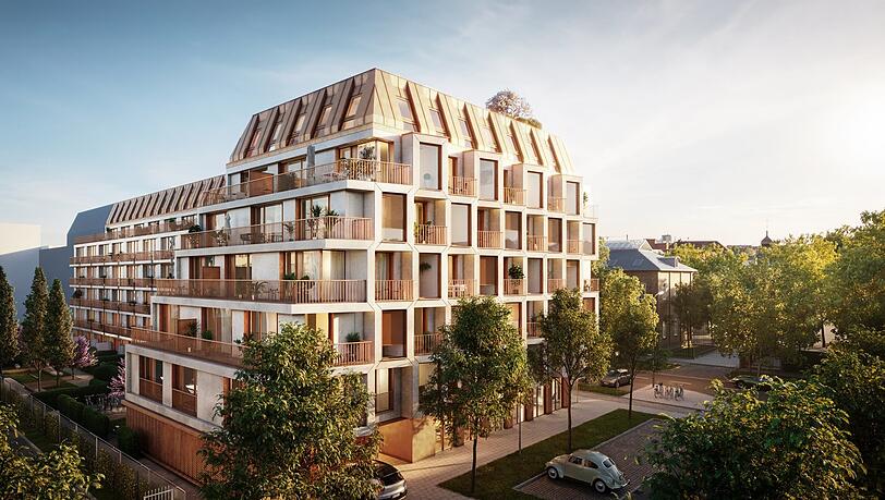 Weißer Beton und Metall-Elemente mit Kupferoptik: die Fassade zum 500 Quadratmeter großen Hof des Neubauprojekts "Van B" in Neuhausen. Weißer Beton und Metall-Elemente mit Kupferoptik: die Fassade zum 500 Quadratmeter großen Hof des Neubauprojekts "Van B" in Neuhausen.