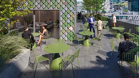 Von der Dachterrasse des "Monaco" mit seinen Fassadenschindeln aus Abriss-Plastik wird man auch das Riesenrad im Werksviertel sehen. Von der Dachterrasse des "Monaco" mit seinen Fassadenschindeln aus Abriss-Plastik wird man auch das Riesenrad im Werksviertel sehen.