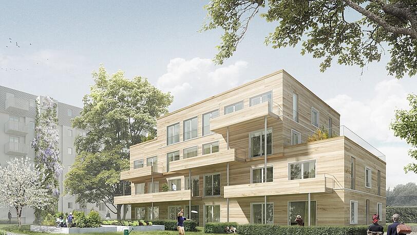So soll das Holzhaus mit zehn Wohnungen nächstes Jahr ausschauen. So soll das Holzhaus mit zehn Wohnungen nächstes Jahr ausschauen.