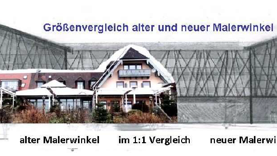 Der alte Malerwinkel (farbig) im Größenvergleich mit dem geplanten Neubau (graue Skizze). Der alte Malerwinkel (farbig) im Größenvergleich mit dem geplanten Neubau (graue Skizze).