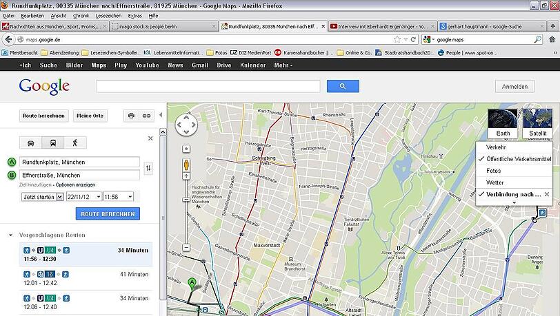 Vom Rundfunkplatz zum Effnerplatz: So kommt man mit Google Maps und dem Fahrplan der MVG weiter. Vom Rundfunkplatz zum Effnerplatz: So kommt man mit Google Maps und dem Fahrplan der MVG weiter.