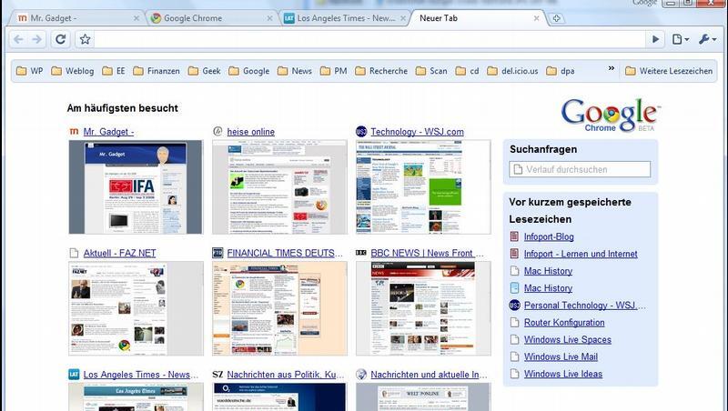 Screenshot der deutschsprachigen Beta von Google Chrome. Screenshot der deutschsprachigen Beta von Google Chrome.
