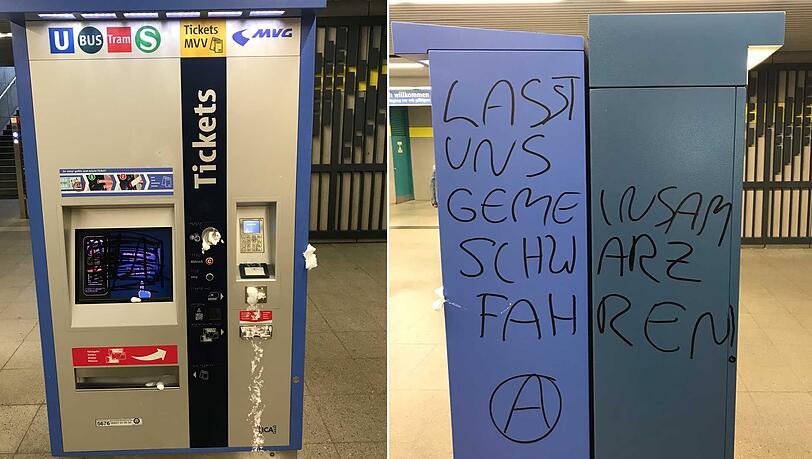 Der beschmierte und besprühte Fahrkartenautomat.